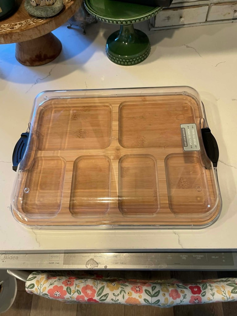 Bamboo Compartment Food Tray with Clear Locking Lid  Charcuterie Board with lid